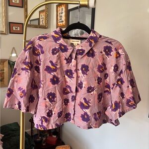 Open Edit Lavender Floral Crop Button-Down Shirt